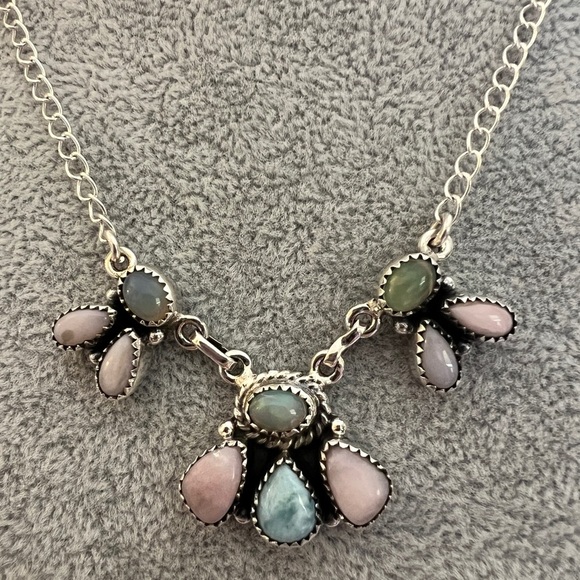 ❤️ Ethiopian Opal, Larimar, Natural Pink Opal 19” Adj Necklace 925 Navajo 14.3gm - Picture 3 of 17